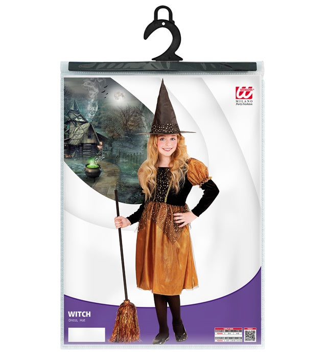 Hexe Kostüm bestehend aus schwarzem Kleid und spitzem Hexenhut auf Fasnacht