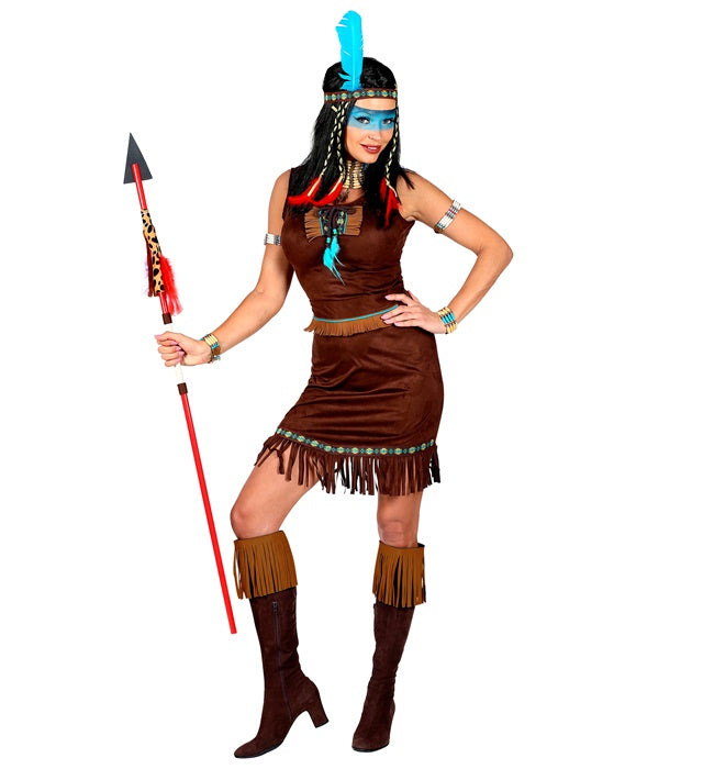 Indianerin Kostüm bestehend aus Kleid, Gürtel und Feder-Stirnband für Fasnacht