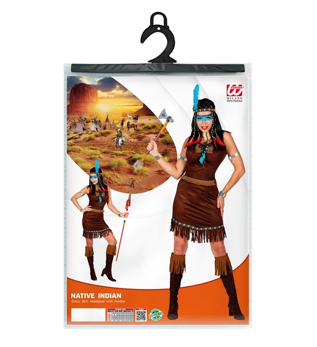 Indianerin Kostüm bestehend aus Kleid, Gürtel und Feder-Stirnband für Fasnacht