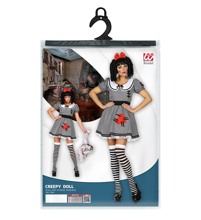 Horror Puppe Kostüm mit Kleid, Reifrock und Haarschleife für Fasnacht und Halloween