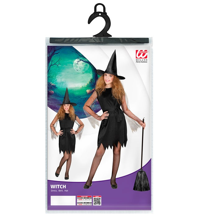 Hexenkostüm bestehend aus Kleid, Gürtel und spitzem Hexenhut für Fasnacht