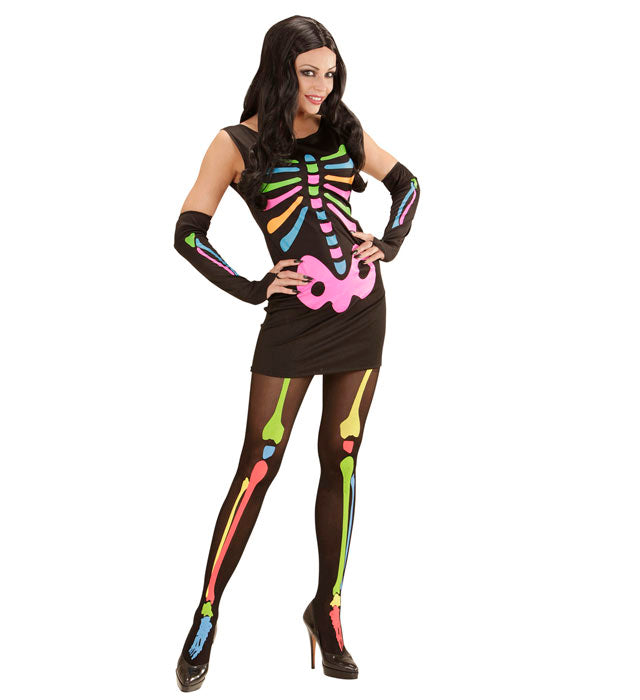 Neon Skelett Kostüm mit Kleid und Handwärmern für Fasnacht und Karneval