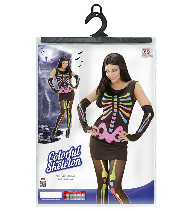 Neon Skelett Kostüm mit Kleid und Handwärmern für Fasnacht und Karneval