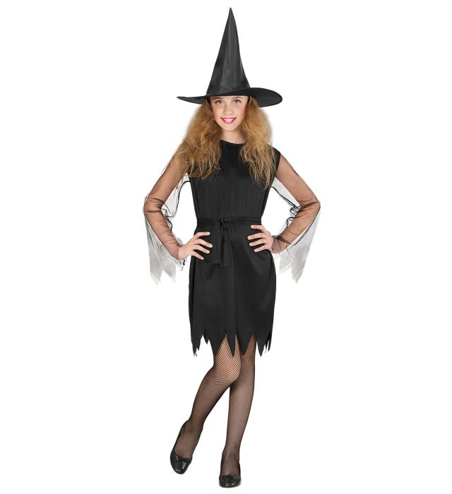 Hexen-Kostüm Set mit Kleid, Gürtel und spitzem Hut für Fasnacht