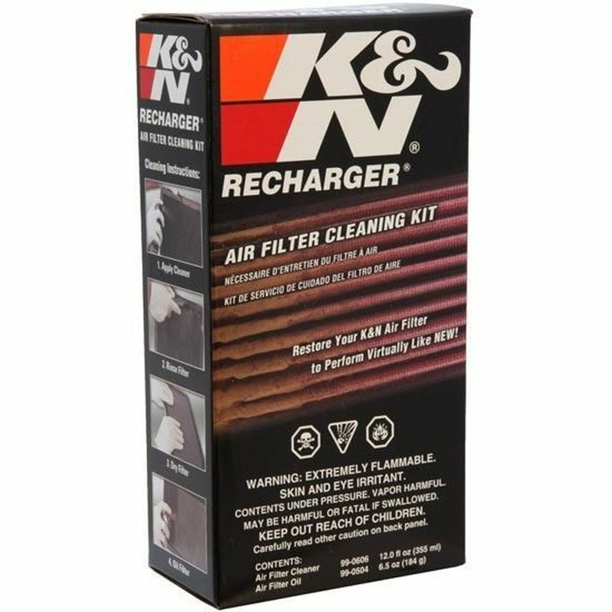 K&N Luftfilterreiniger in blauer Flasche mit weißem Etikett für effektive Filterreinigung.