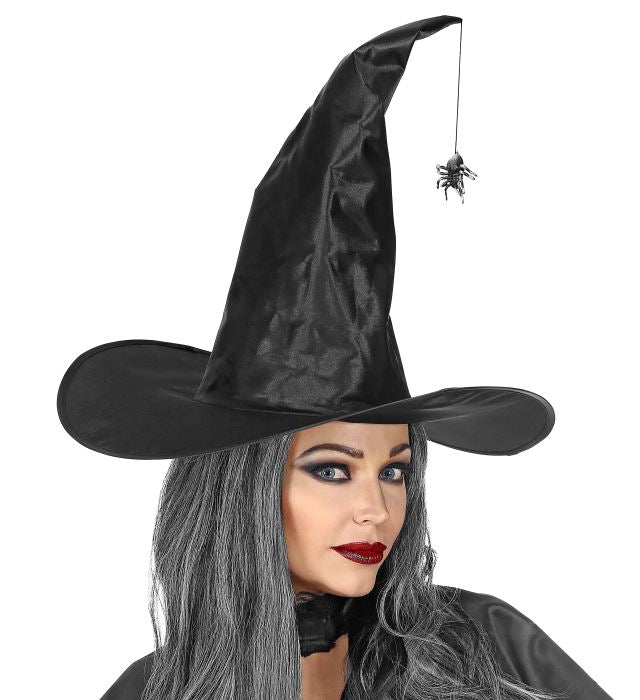 Modellierbarer Satin Hexenhut mit herabhängender Spinne für Halloween und Fasnacht