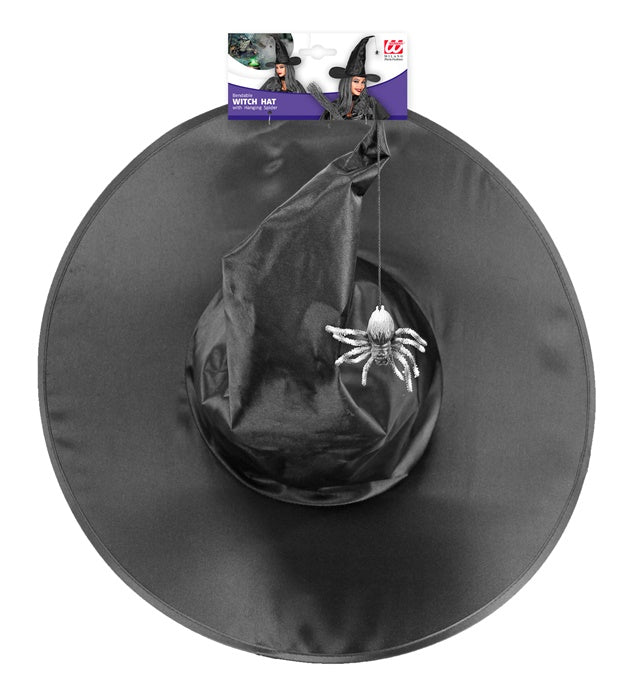 Modellierbarer Satin Hexenhut mit herabhängender Spinne für Halloween und Fasnacht