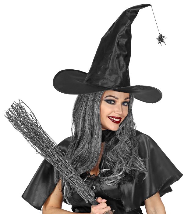 Modellierbarer Satin Hexenhut mit herabhängender Spinne für Halloween und Fasnacht