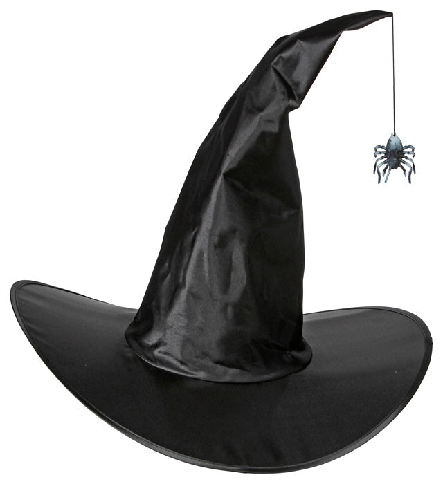 Modellierbarer Satin Hexenhut mit herabhängender Spinne für Halloween und Fasnacht