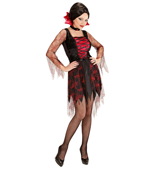 Spiderweb Vampiria schwarzes Kostümkleid mit Spinnennetz-Design und Edelstein-Kragen