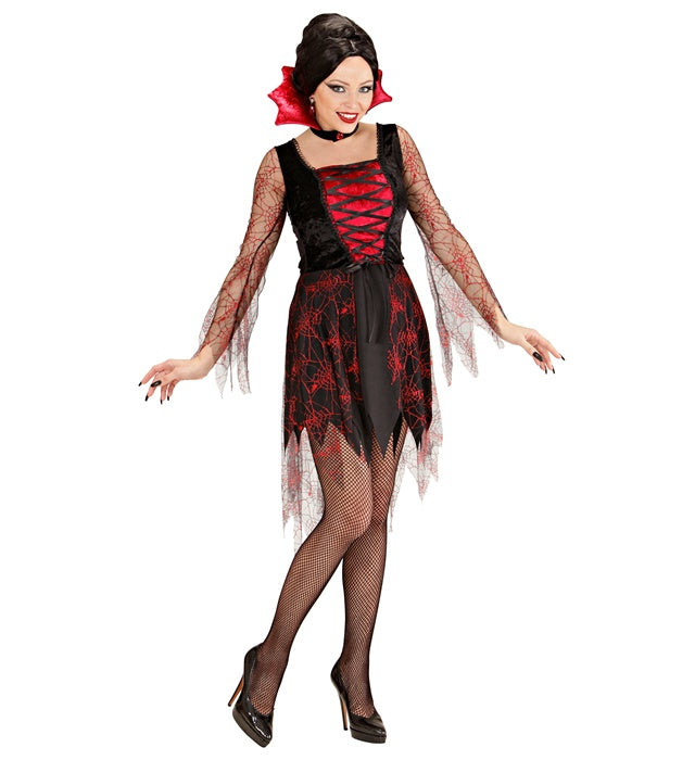 Spiderweb Vampiria schwarzes Kostümkleid mit Spinnennetz-Design und Edelstein-Kragen