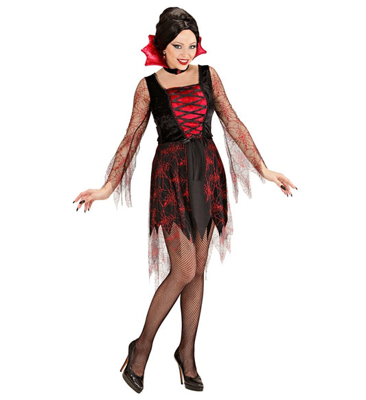 Spiderweb Vampiria Kleid mit funkelndem Edelstein-Kragen auf schwarzem Hintergrund