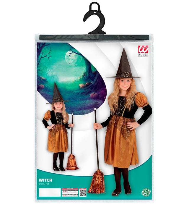 Hexenkostüm bestehend aus schwarzem Kleid und spitzem Hexenhut