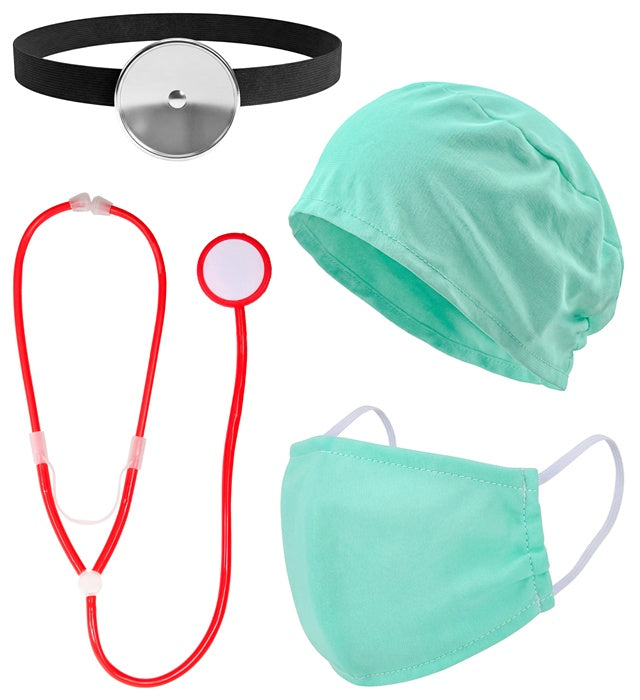 Arzt Set bestehend aus OP-Mütze, Mundschutz, Stirnspiegel und Stethoskop für Fasnacht Kostüm
