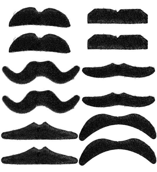 Set mit 12 schwarzen Party-Bärten in verschiedenen Modellen für Fasnacht und Kostüme