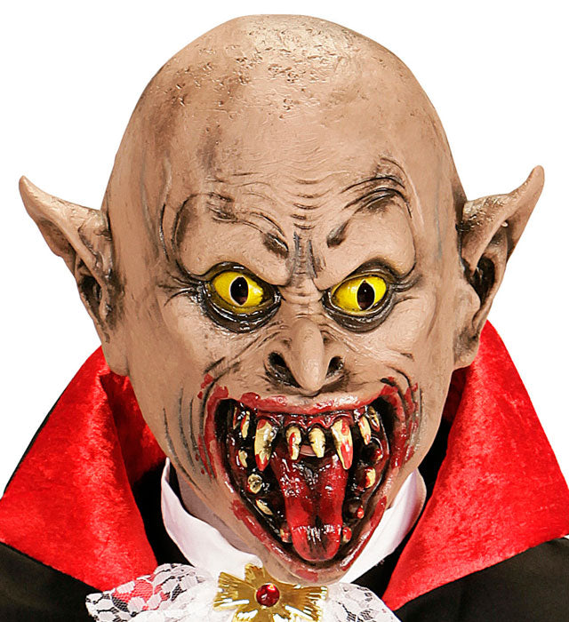 3/4 Vampir Maske in Schwarz-Rot mit Vampirzähnen und verstellbarem Band