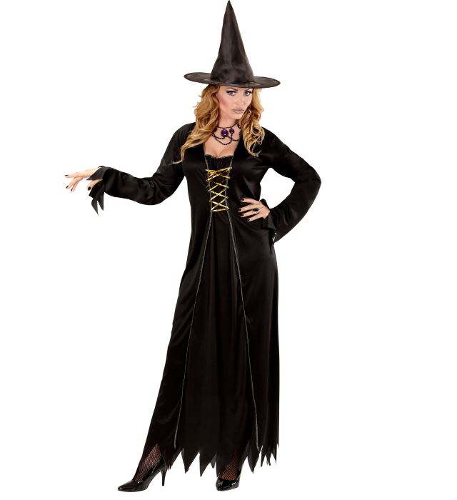 Hexen-Kostüm mit schwarzem Kleid und spitzem Hexenhut