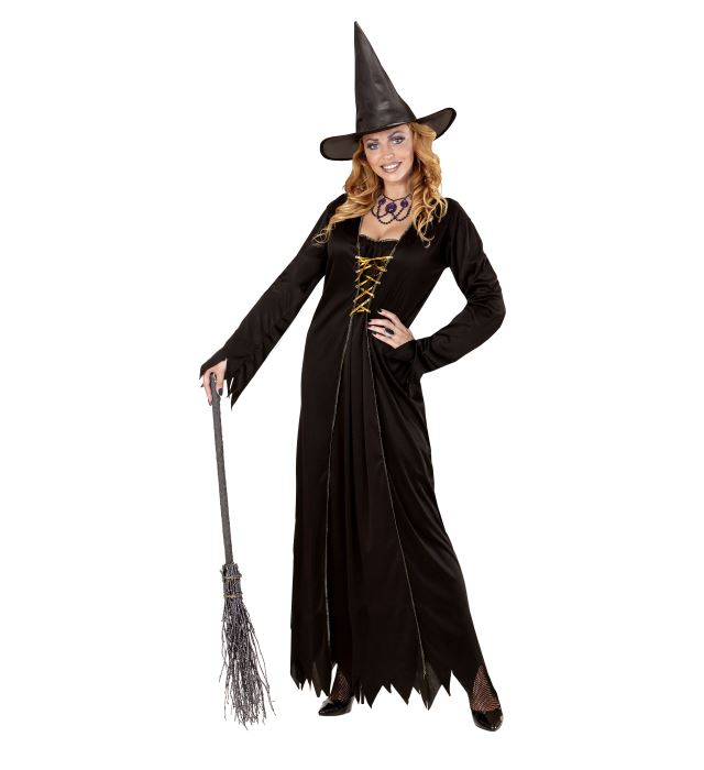 Hexen-Kostüm mit schwarzem Kleid und spitzem Hexenhut