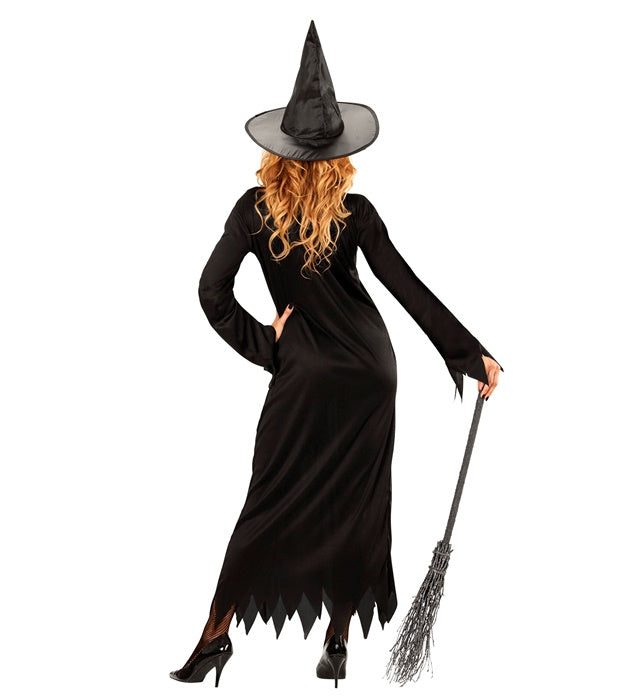 Hexen-Kostüm mit schwarzem Kleid und spitzem Hexenhut