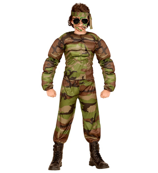 Super Muskel Soldat Kostüm mit Muskelshirt, Hose und Stirnband für Fasnacht