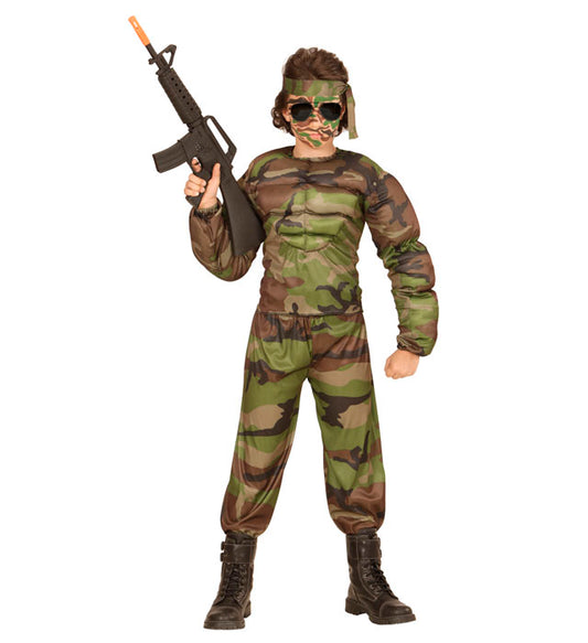 Super Muskel Soldat Kostüm mit Muskelshirt, Hose und Stirnband für Fasnacht
