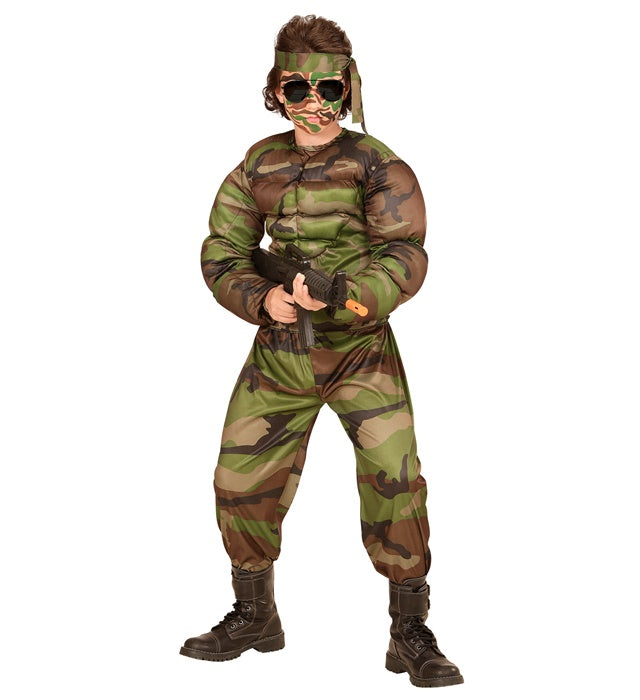 Super Muskel Soldat Kostüm mit Muskelshirt, Hose und Stirnband für Fasnacht