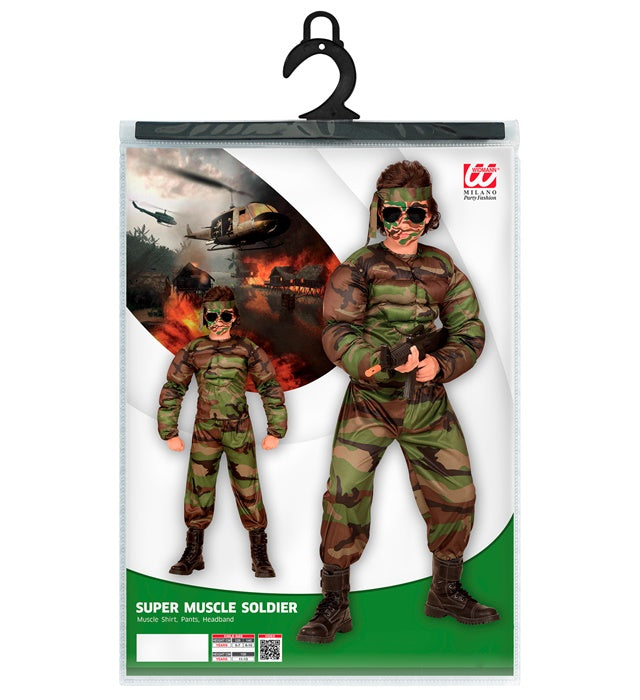 Super Muskel Soldat Kostüm mit Muskelshirt, Hose und Stirnband für Fasnacht