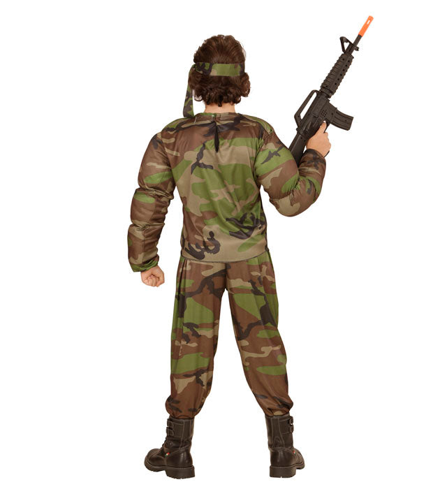 Super Muskel Soldat Kostüm mit Muskelshirt, Hose und Stirnband für Fasnacht