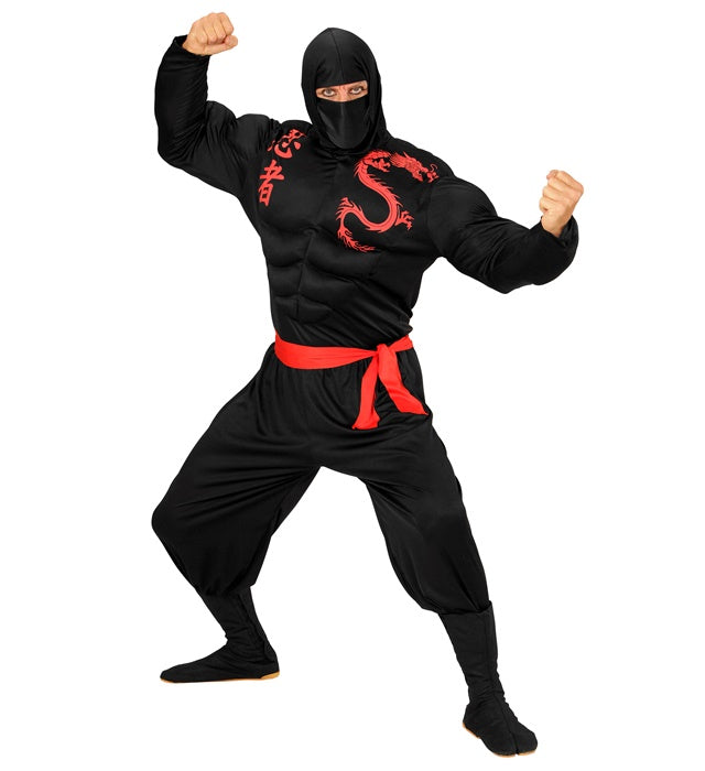 Super Muskel Ninja Kostüm mit Muskelshirt, Kapuze, Gesichtsmaske, Hose und Gürtel
