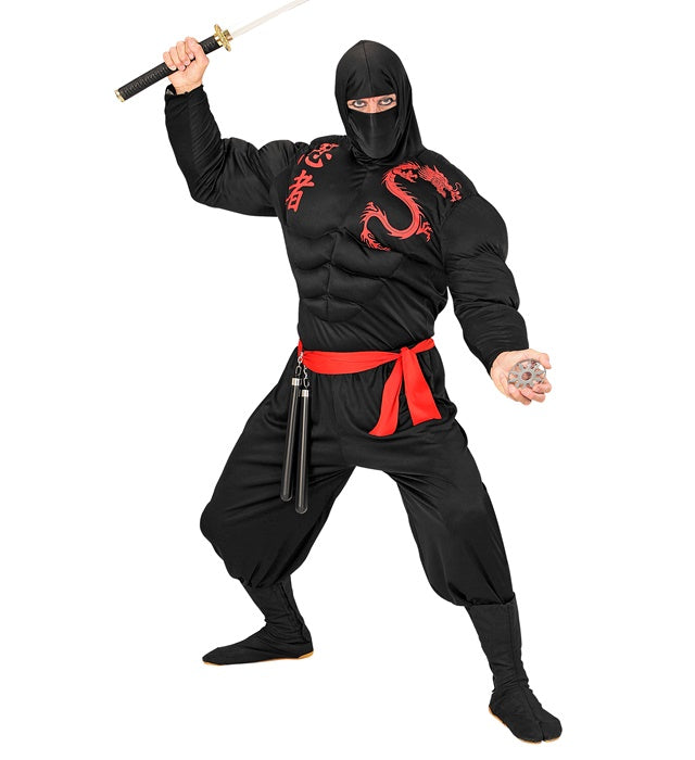 Super Muskel Ninja Kostüm mit Muskelshirt, Kapuze, Gesichtsmaske, Hose und Gürtel