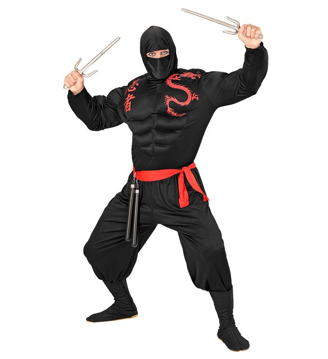 Super Muskel Ninja Kostüm mit Muskelshirt, Kapuze, Gesichtsmaske, Hose und Gürtel