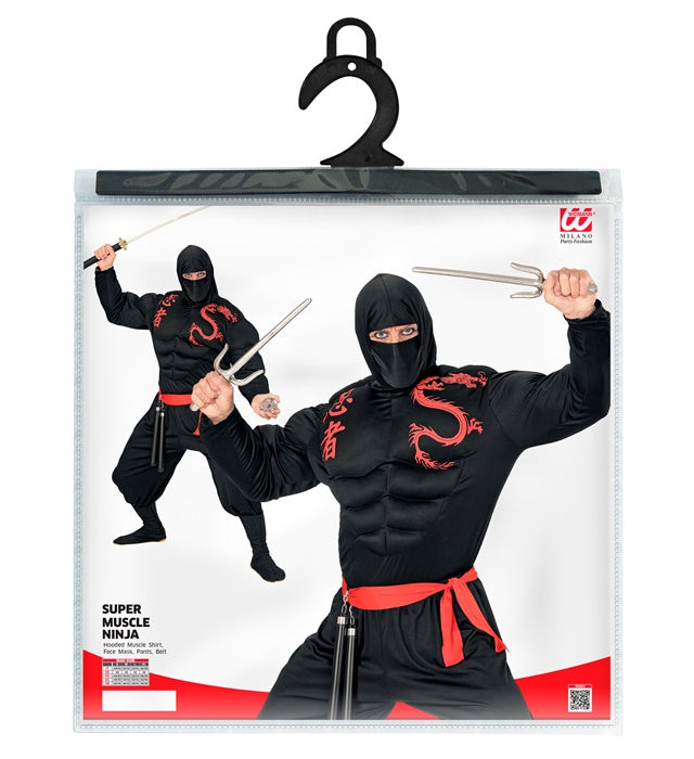 Super Muskel Ninja Kostüm mit Muskelshirt, Kapuze, Gesichtsmaske, Hose und Gürtel