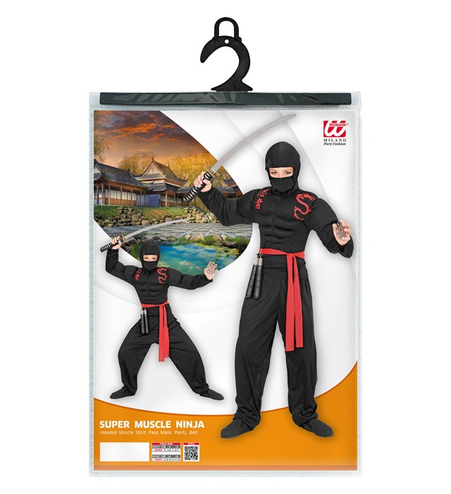 Super Muskel Ninja Kostüm mit Muskelshirt, Kapuze, Maske und Hose auf weißem Hintergrund