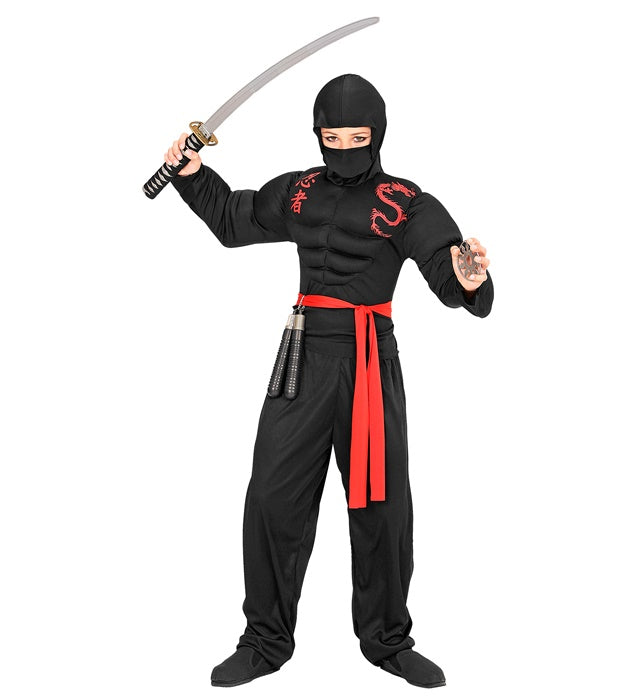 Super Muskel Ninja Kostüm mit Muskelshirt, Kapuze, Gesichtsmaske, Hose und Gürtel