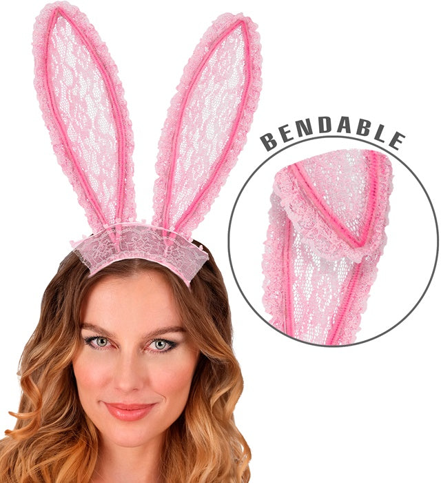 Modellierbare Hasenohren mit rosa Spitze als Fasnacht Accessoire