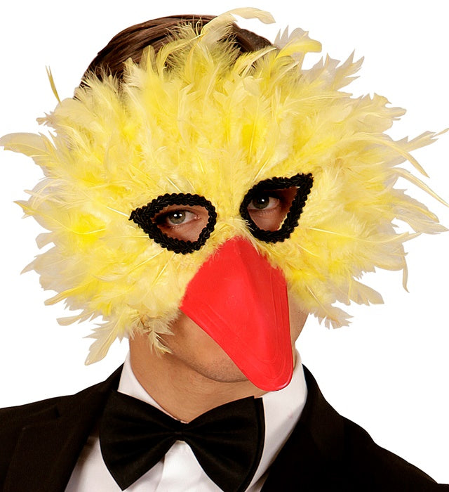 Vogelaugenmaske mit gelben Federn für Fasnacht und Karneval