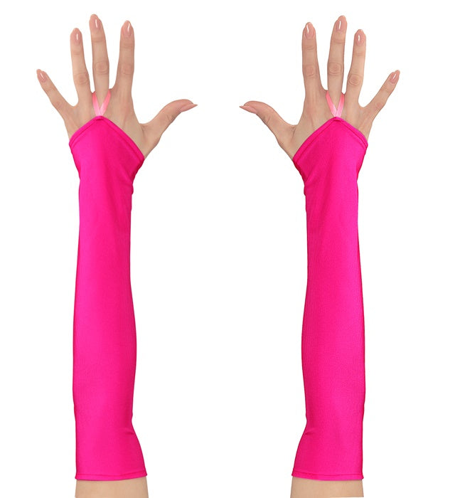 Neon pinke fingerlose Satinhandschuhe aus Satin auf weißem Hintergrund