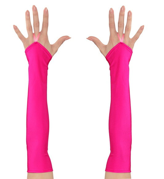 Neon pinke fingerlose Satinhandschuhe aus Satin auf weißem Hintergrund