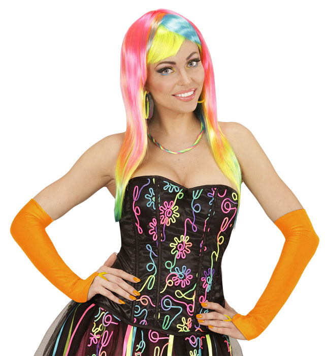 Neon orange fingerlose Satinhandschuhe aus Satin als Fasnacht Accessoire
