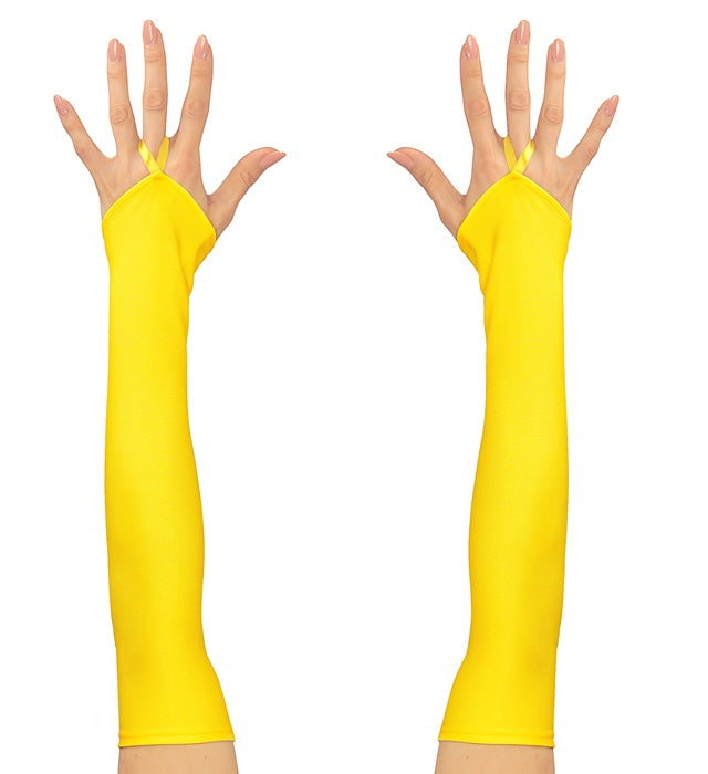Neon gelbe fingerlose Satinhandschuhe 43 cm auf weißem Hintergrund