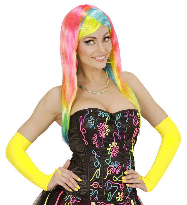 Neon gelbe fingerlose Satinhandschuhe 43 cm auf weißem Hintergrund