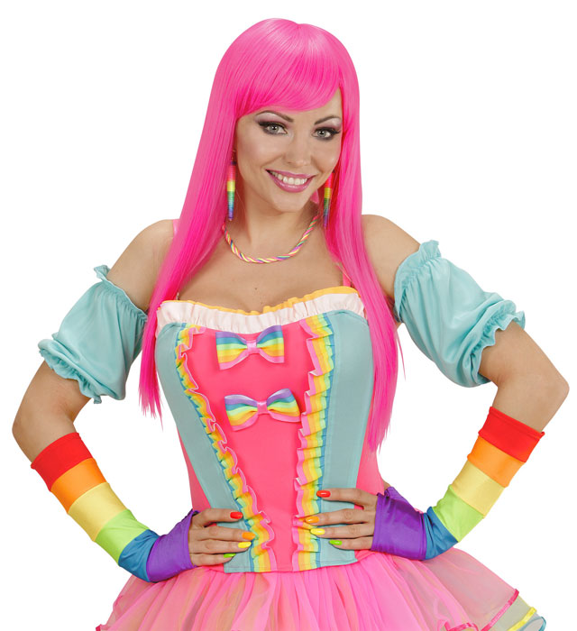 Fingerlose Satinhandschuhe in Regenbogenfarben, 33 cm lang