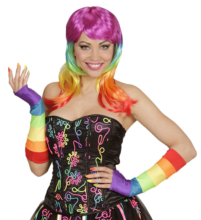 Fingerlose Satinhandschuhe in Regenbogenfarben, 33 cm lang