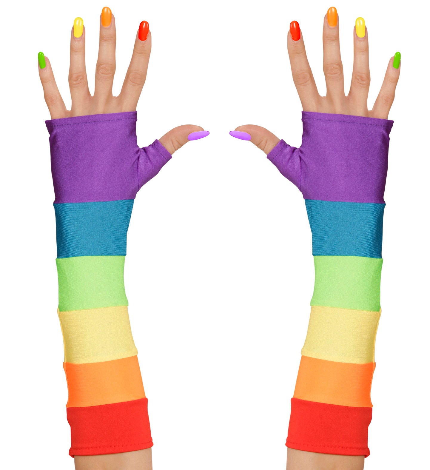 Fingerlose Satinhandschuhe Neon Regenbogen 33cm