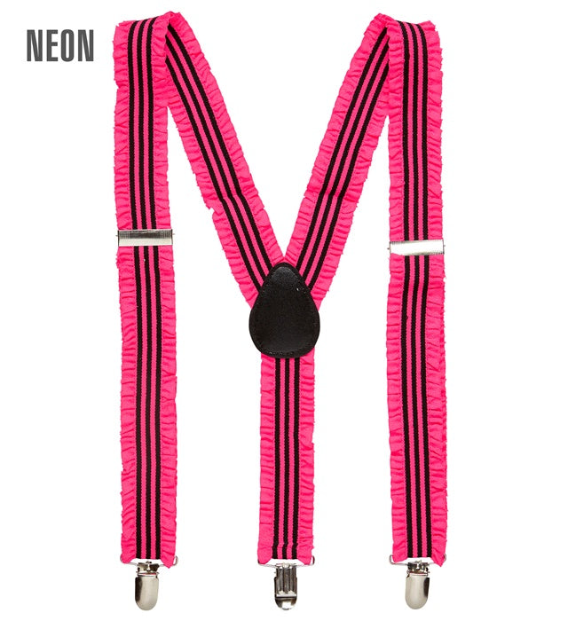 Neon pinke Hosenträger mit Rüschen als auffälliges Fasnachts-Accessoire