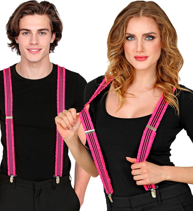 Neon pinke Hosenträger mit Rüschen als auffälliges Fasnachts-Accessoire