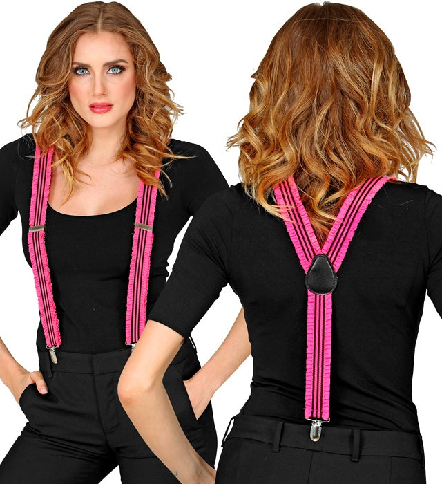 Neon pinke Hosenträger mit Rüschen als auffälliges Fasnachts-Accessoire