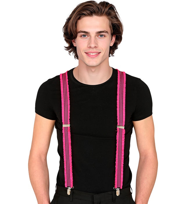 Neon pinke Hosenträger mit Rüschen als auffälliges Fasnachts-Accessoire