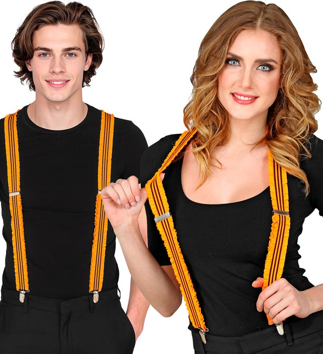 Neon orange Hosenträger mit verspielten Rüschen auf weissem Hintergrund