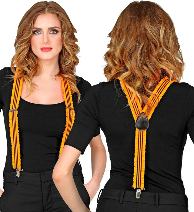 Neon orange Hosenträger mit verspielten Rüschen auf weissem Hintergrund